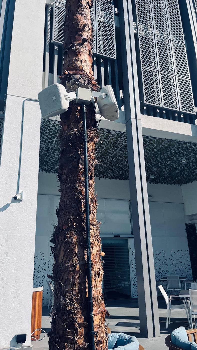Artsound outdoor speakers mounted on a palm tree on a restaurant terrace with the Business Bay skyline behind